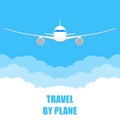 Airplane travel banner. Flying plane in the blue sky with clouds. Travel by plane poster or background. Vector illustration. Royalty Free Stock Photo